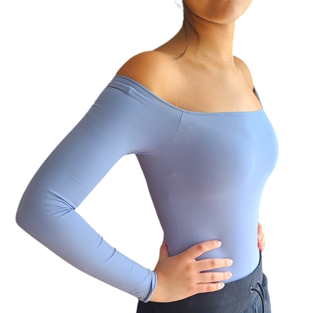 Newvisister Blue-Gray Tight Fitting Off-Shoulders Top Bodysuit.